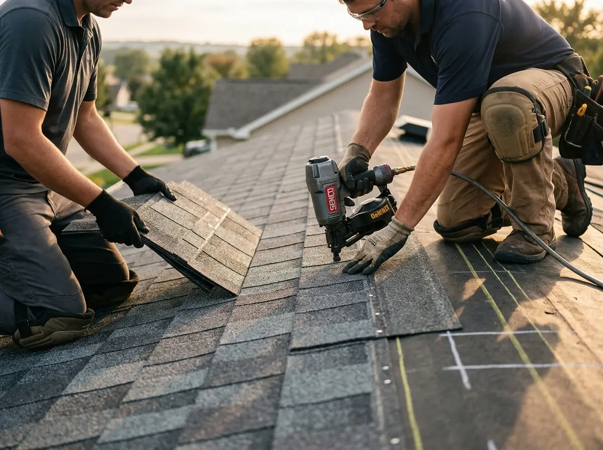 Professional roofer working on a residential roof in Thief River Falls